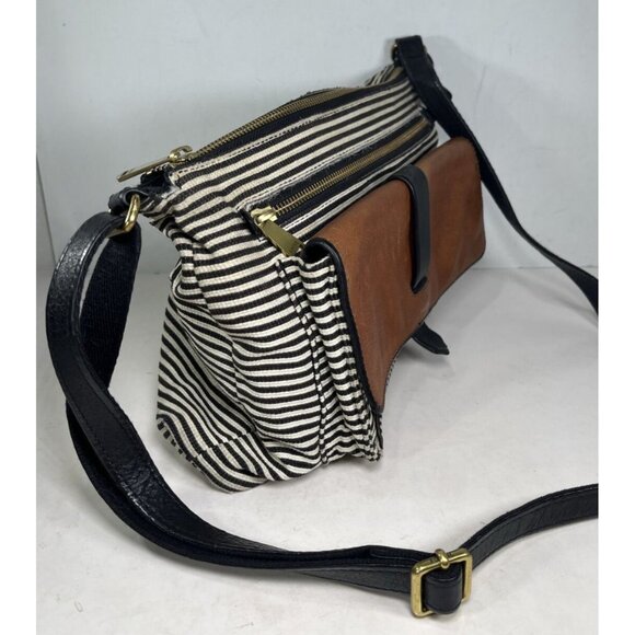 Fossil Kinley Black White Canvas Fabric Striped Brown Leather Crossbody Bag - Picture 4 of 16